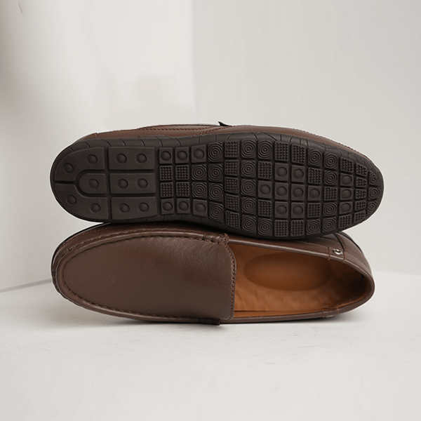 Romania Leather Moccasin in Brown — rubber sole