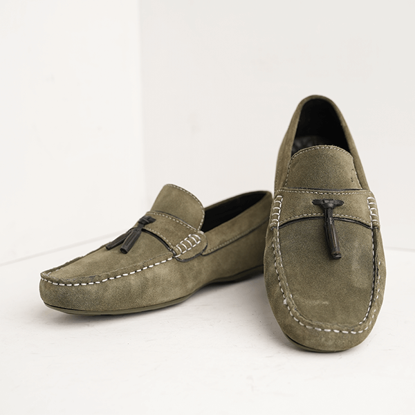 Turoro Suede Tassel Driving Moccasin in Green — another angle