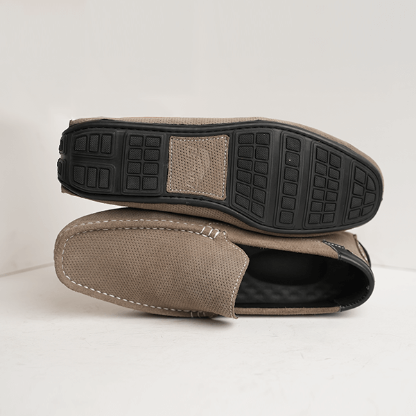 Dover Suede Driving Moccasin in Light Grey — rubber sole